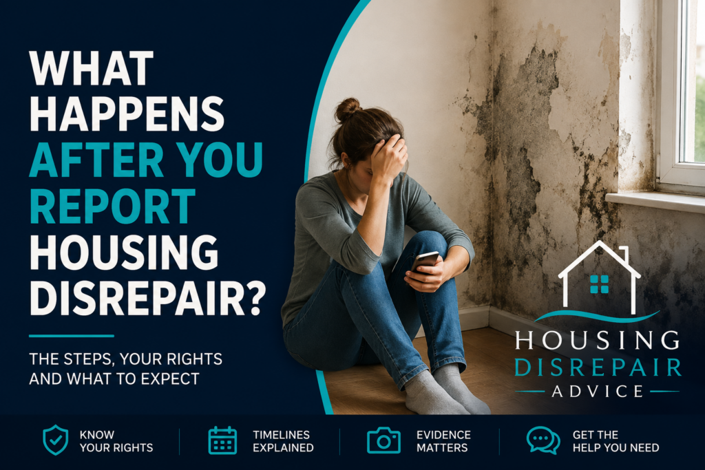 What Happens After You Report Housing Disrepair? Woman sitting beside a damp and mould affected wall after reporting housing disrepair, with Housing Disrepair Advice branding.