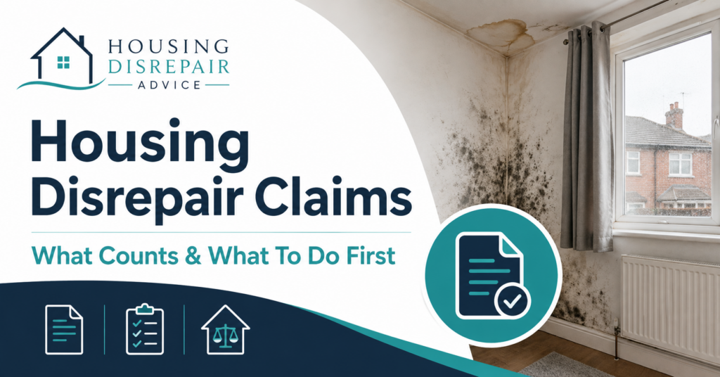 Housing Disrepair Claims: What Counts and What Should You Do First? Housing disrepair claims guide showing damp and mould in a rented home with Housing Disrepair Advice branding.