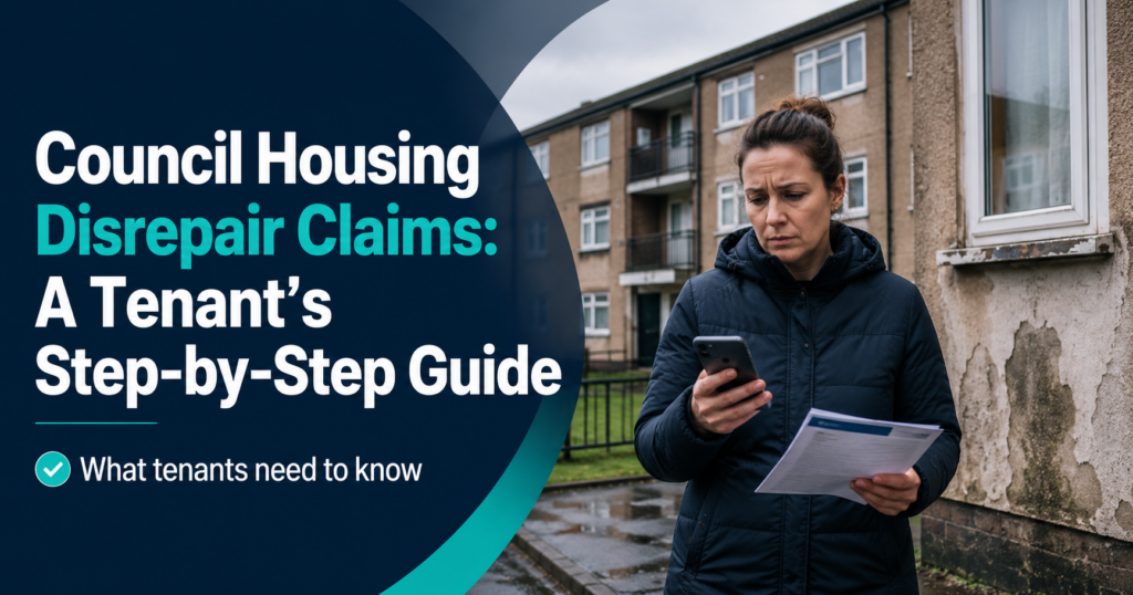 Council tenant reviewing repair documents outside a council property with visible housing disrepair