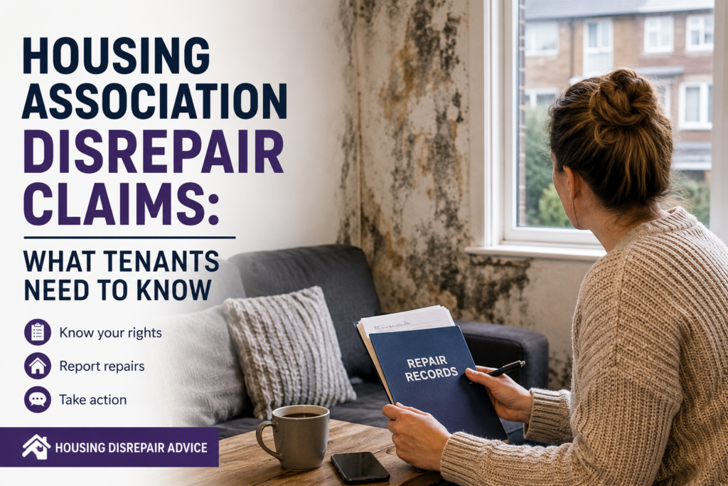 Housing Association Disrepair Claims: What Tenants Need to Know Housing association tenant reviewing repair records beside a wall affected by damp and mould