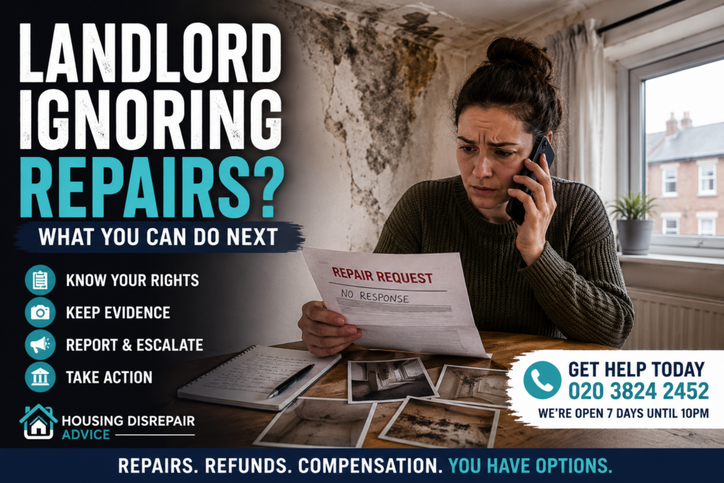 Landlord Ignoring Repairs? What You Can Do Next Private tenant calling her landlord while reviewing an unanswered repair request in a home affected by damp and mould