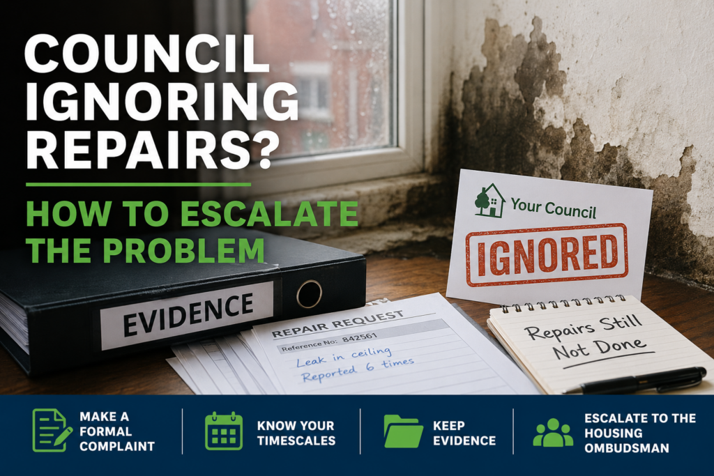 Council housing repairs being ignored, with evidence folder, repair request paperwork and damp wall showing how tenants can escalate unresolved repairs.