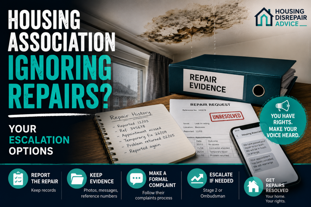 Housing association repairs being ignored, showing repair evidence, an unresolved repair request, missed appointments and damp damage in a tenant’s home.