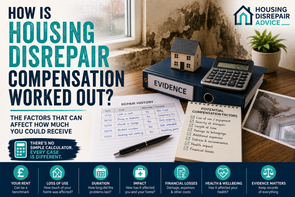 Housing disrepair compensation factors shown with repair evidence, calculator, damp damage and documents explaining how compensation may be assessed.