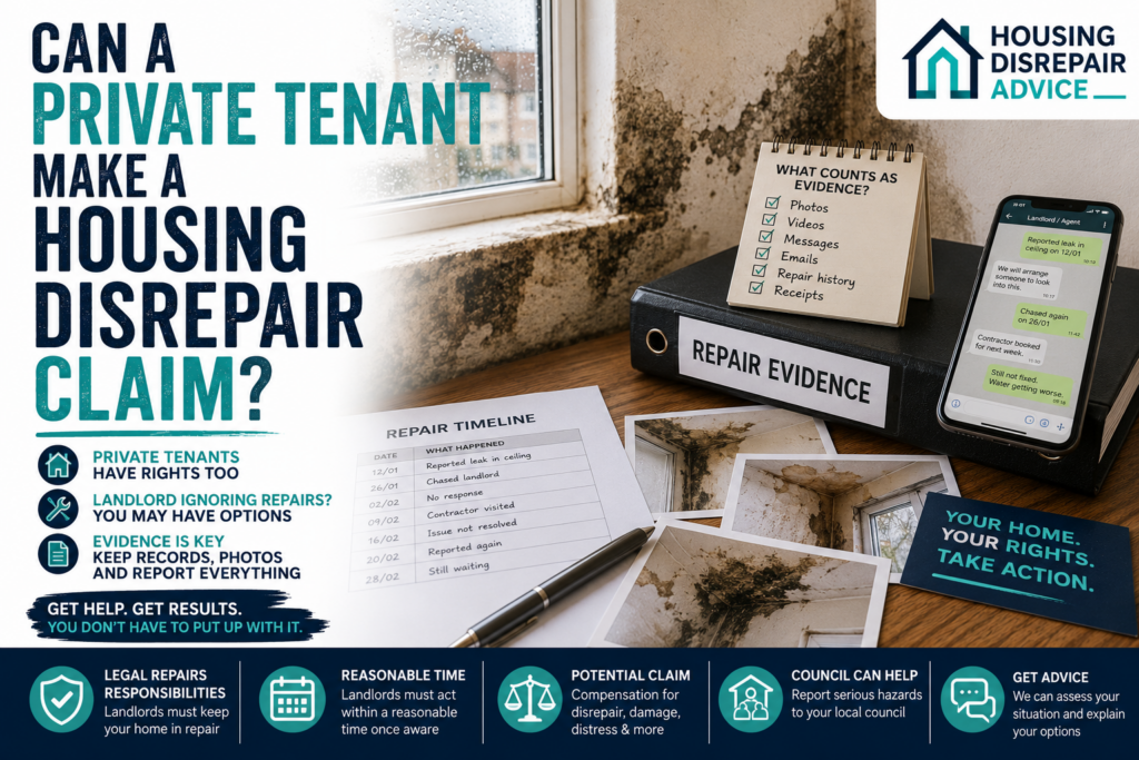 Private tenant housing disrepair claim shown with damp and mould, repair evidence, landlord messages and a repair timeline.