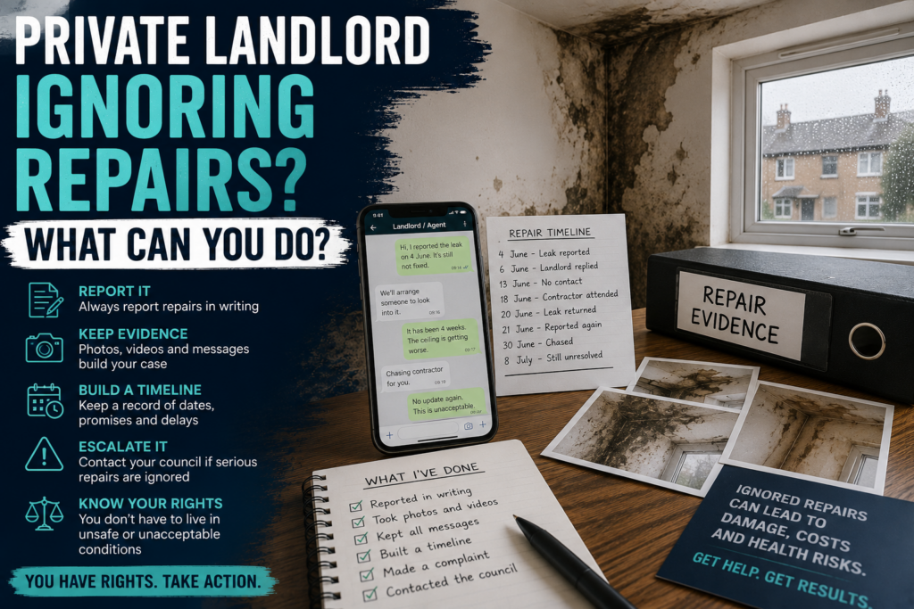 Private Landlord Ignoring Repairs: What Can You Do? Private landlord ignoring repairs, showing damp and mould, repair messages, a repair timeline and evidence gathered by a tenant.