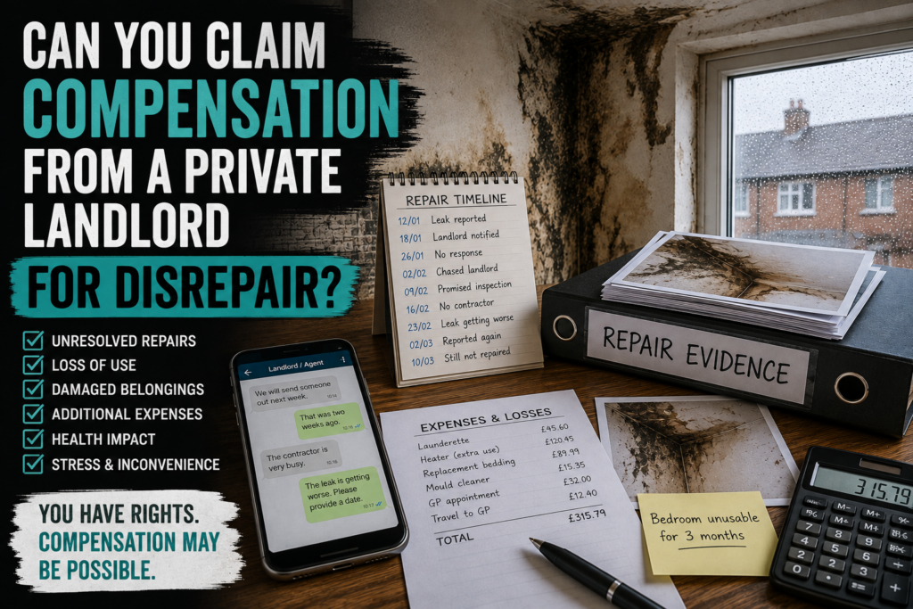Private landlord disrepair compensation shown with damp and mould, repair evidence, landlord messages, expenses and a repair timeline.