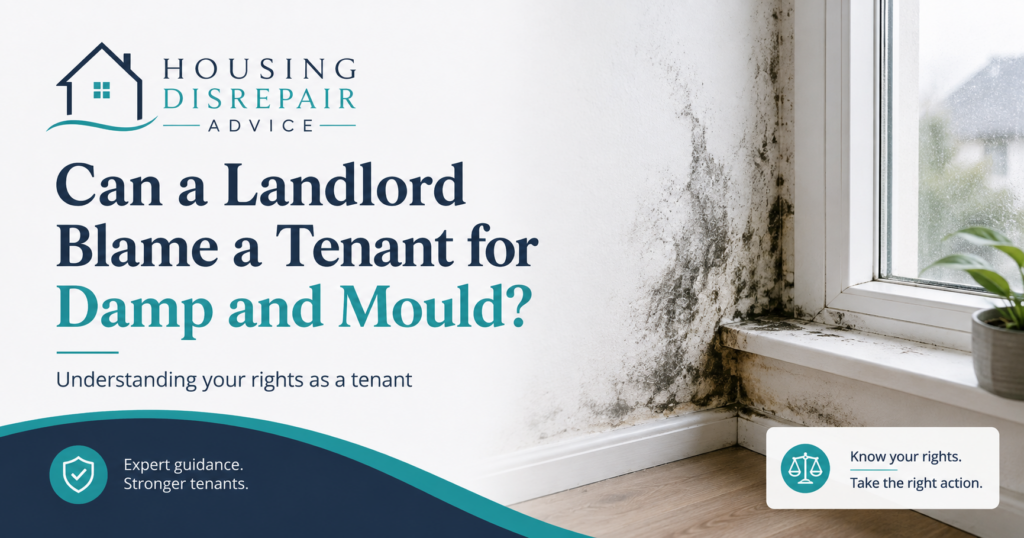 Can a Landlord Blame a Tenant for Damp and Mould? Illustrated featured image about tenant rights for damp and mould in rented homes, with Housing Disrepair Advice branding